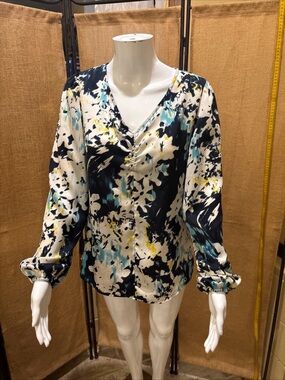 Banana Republic Abstract V-Neck Blouse in Navy, Teal, Yellow and White